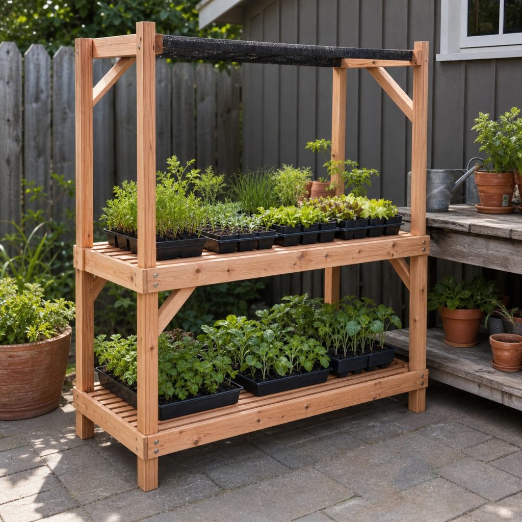 Low cedar propagation shelf with slatted levels and removable shade frame