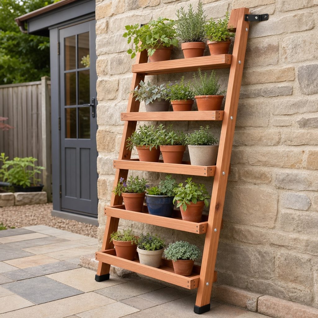 Tall ladder-style plant shelf secured against a garden wall