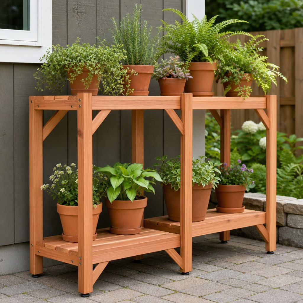 Pair of modular cedar outdoor shelves with matching pots