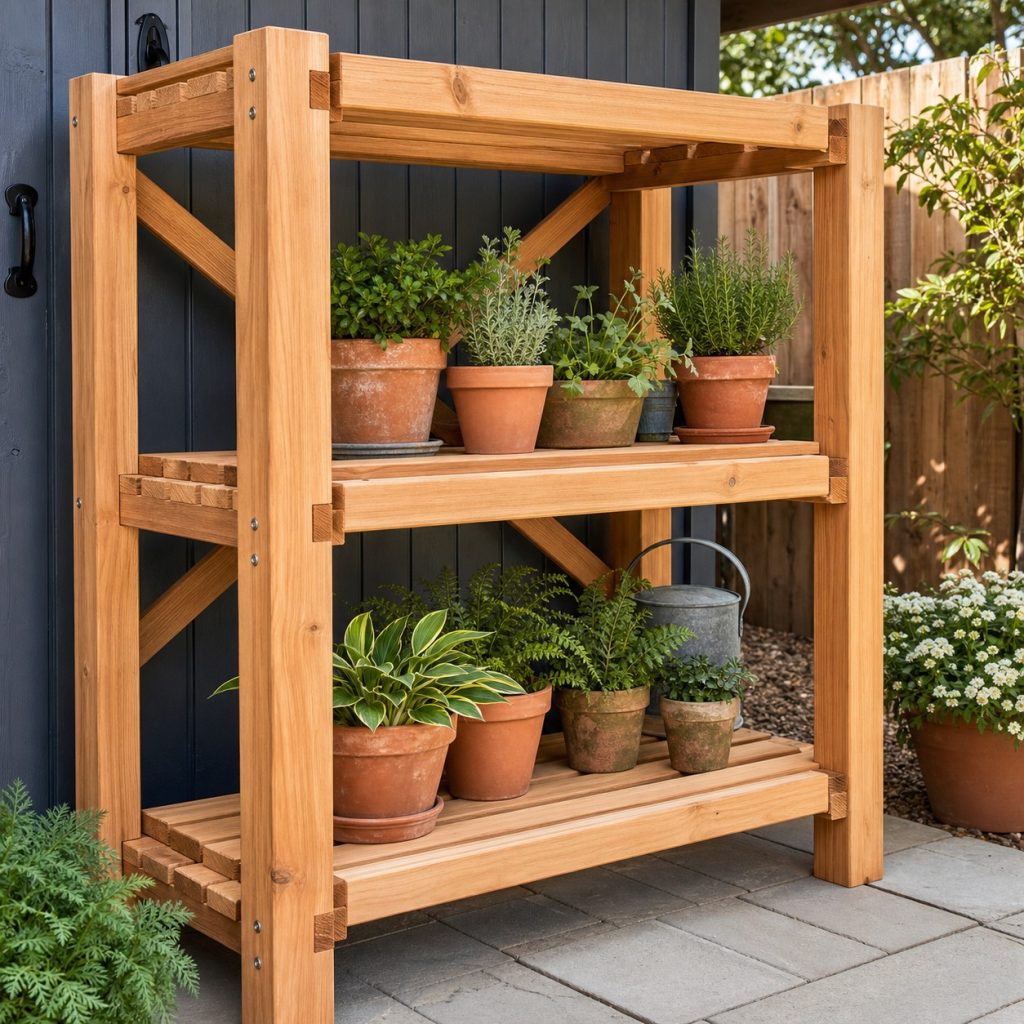 Outdoor plant shelf frame under assembly with rails slats and back brace