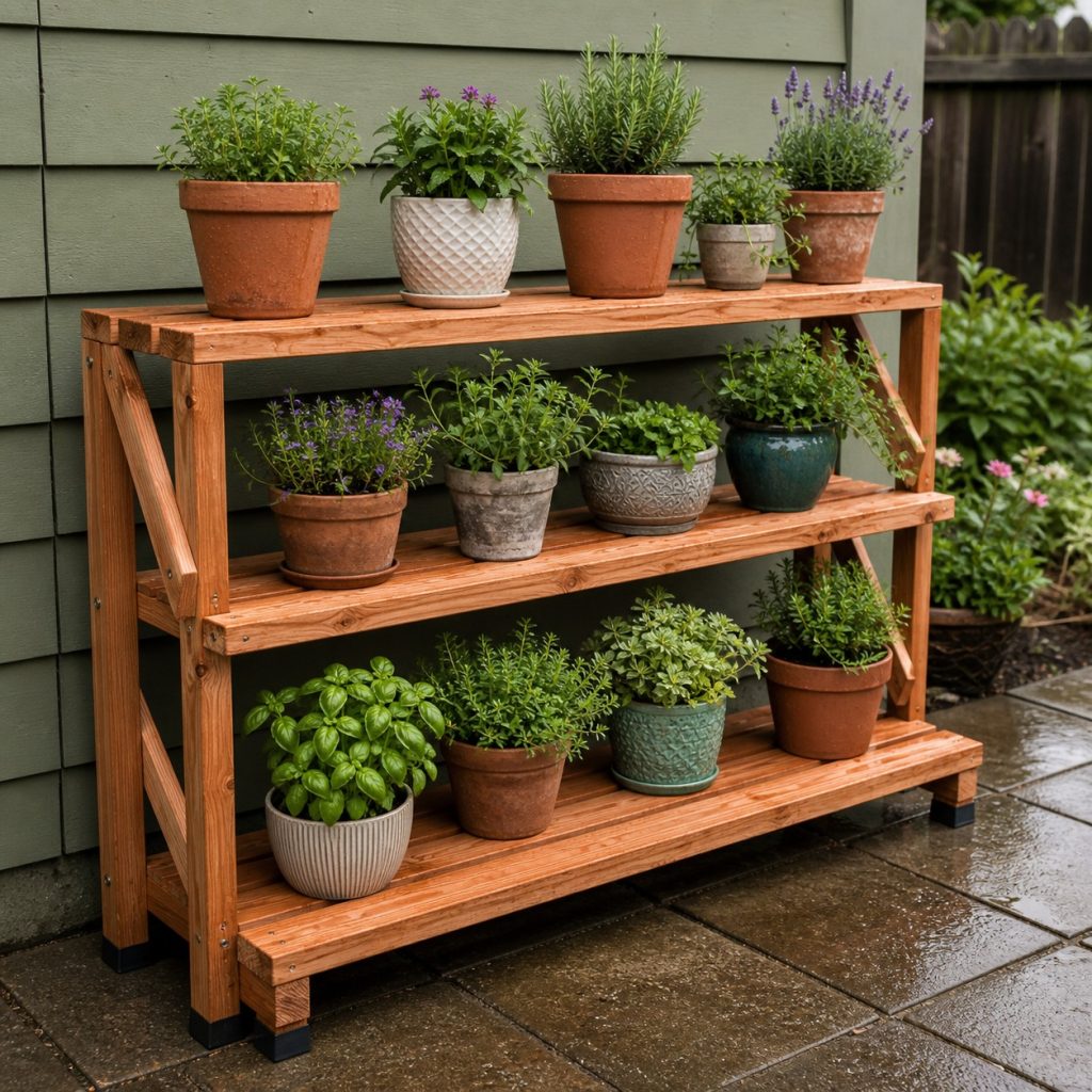 Finished cedar outdoor plant shelf after watering with open slats