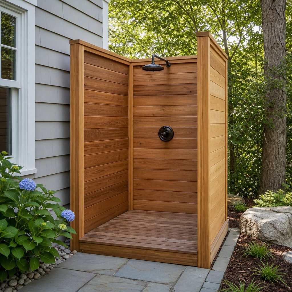 Three-wall outdoor shower enclosure standing independently beside a house