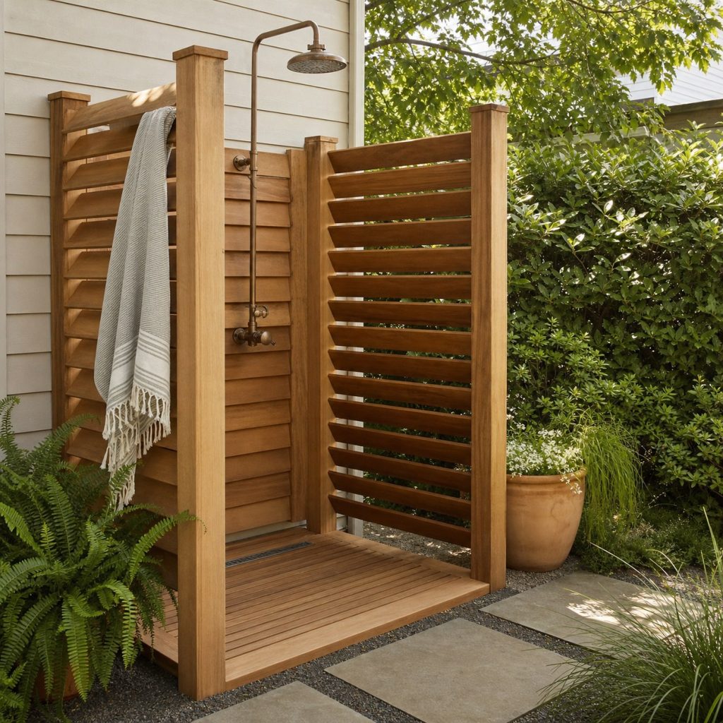 Outdoor shower enclosure with angled wooden privacy louvers and open airflow