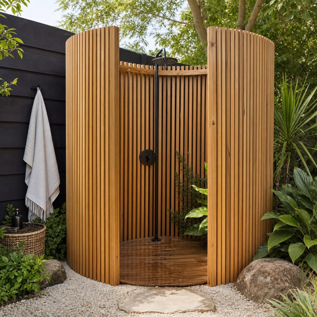Curved wooden slat screen surrounding a garden shower with an open entrance