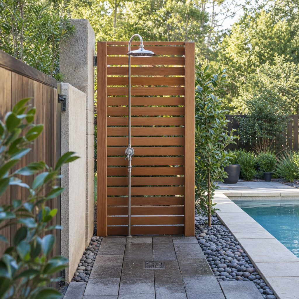 Compact poolside rinse shower with open slat screen and nonslip paver floor