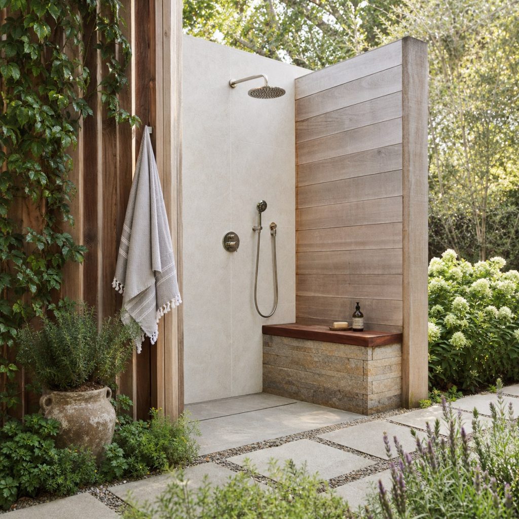 Spacious outdoor shower with wall bench, handheld shower, and clear entry