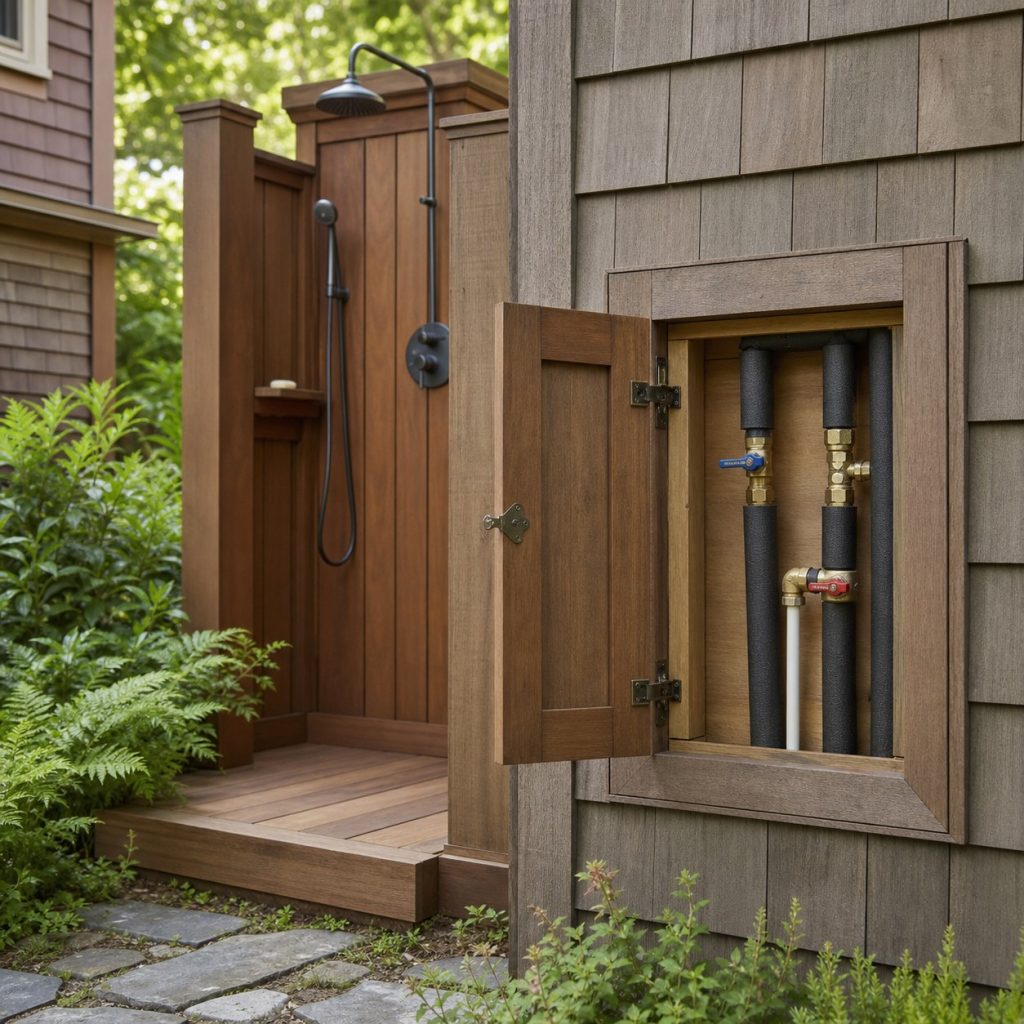 Outdoor shower service panel open to show insulated shutoff and drainable pipes