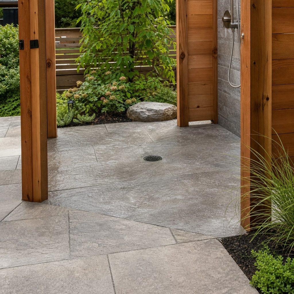 Close view of textured paver outdoor shower floor sloping to an approved drain