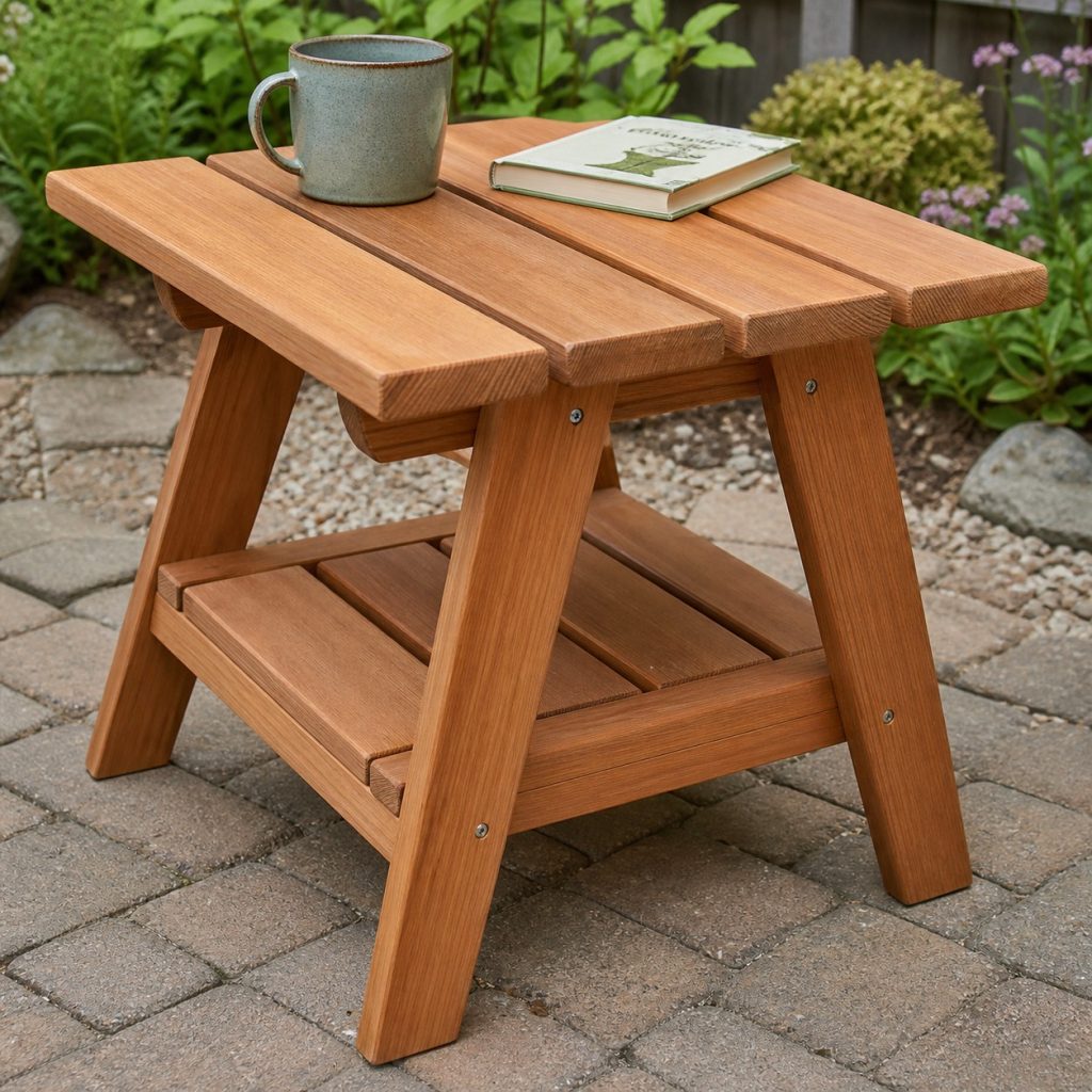 Low angled-leg cedar side table beside an Adirondack chair