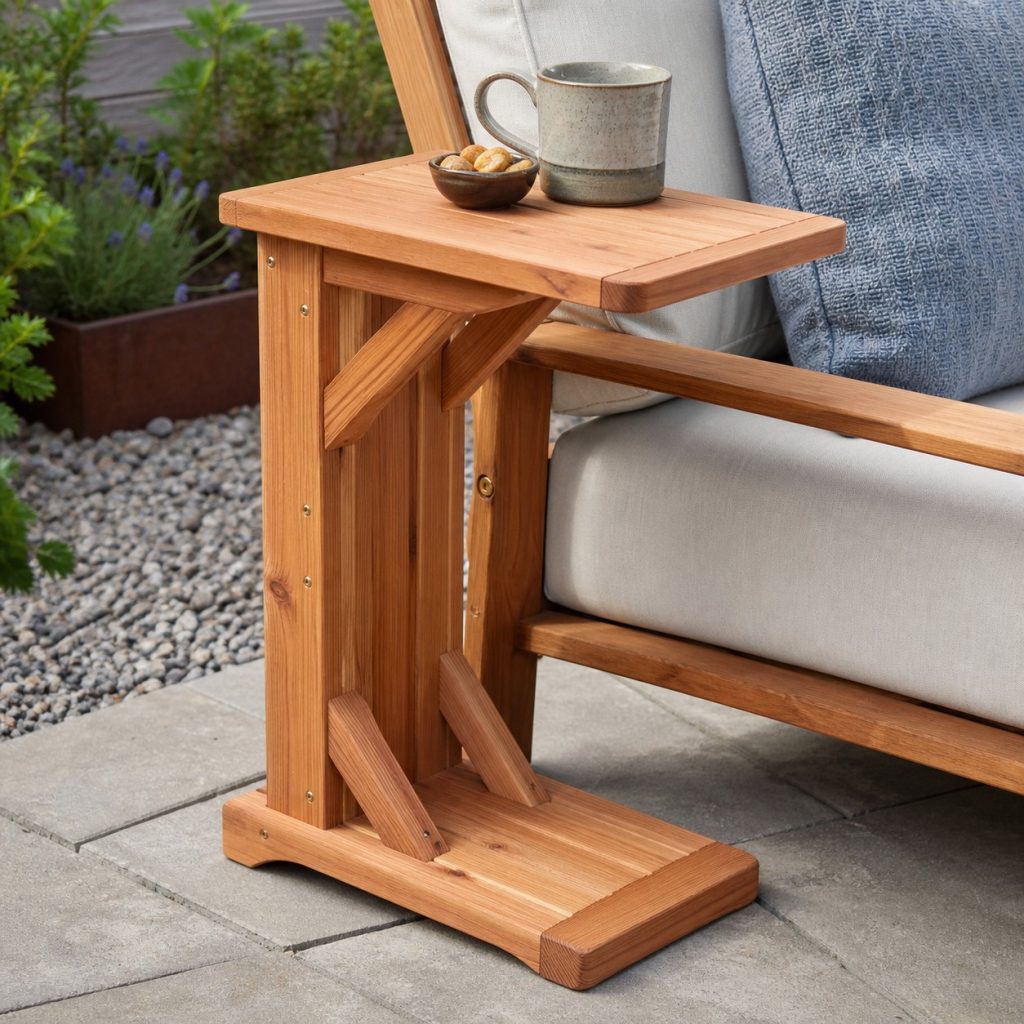 Modern braced C-shaped wood side table sliding beneath a lounge chair