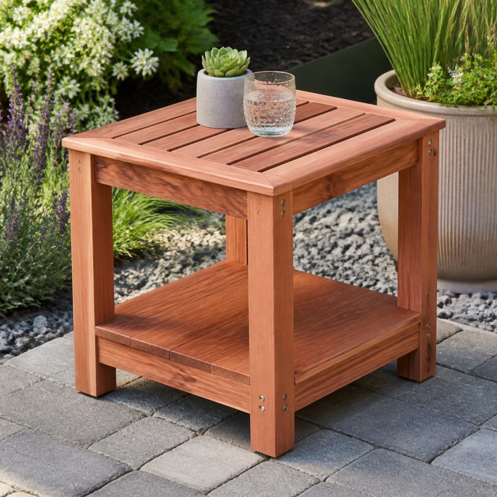 Two-tier cedar outdoor end table with slatted top and lower shelf