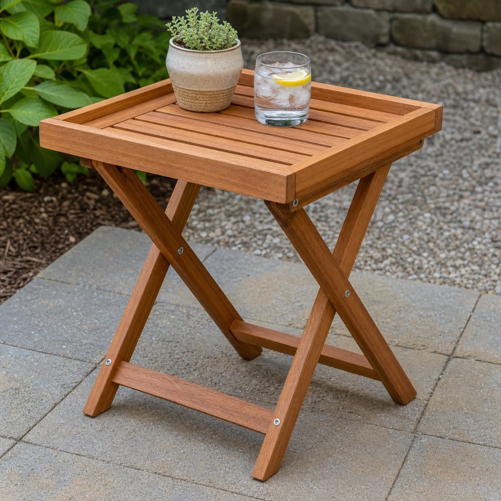 Folding wooden outdoor side table open with pivot bolts and spread stops
