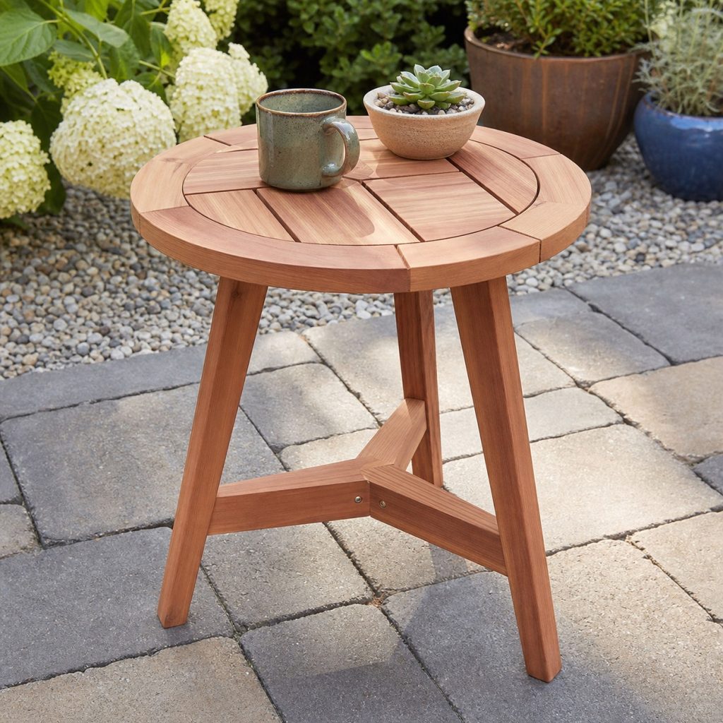 Small round cedar side table with three splayed legs and lower brace