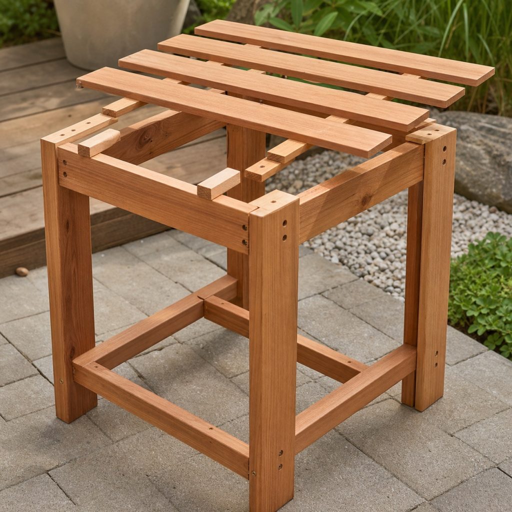 Outdoor side-table frame under assembly with rails stretchers and slats