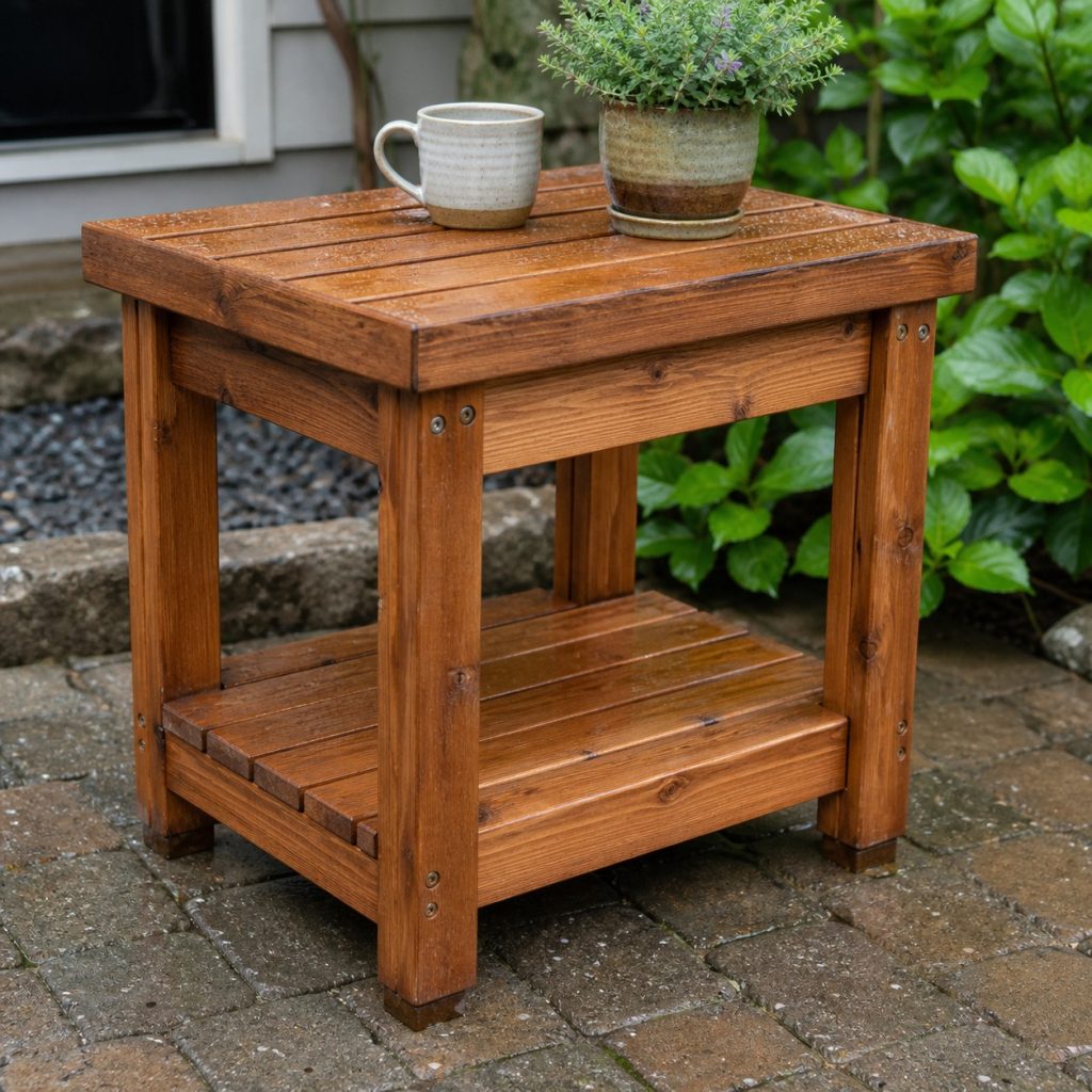 Weathered cedar side table after rain with open gaps and raised feet
