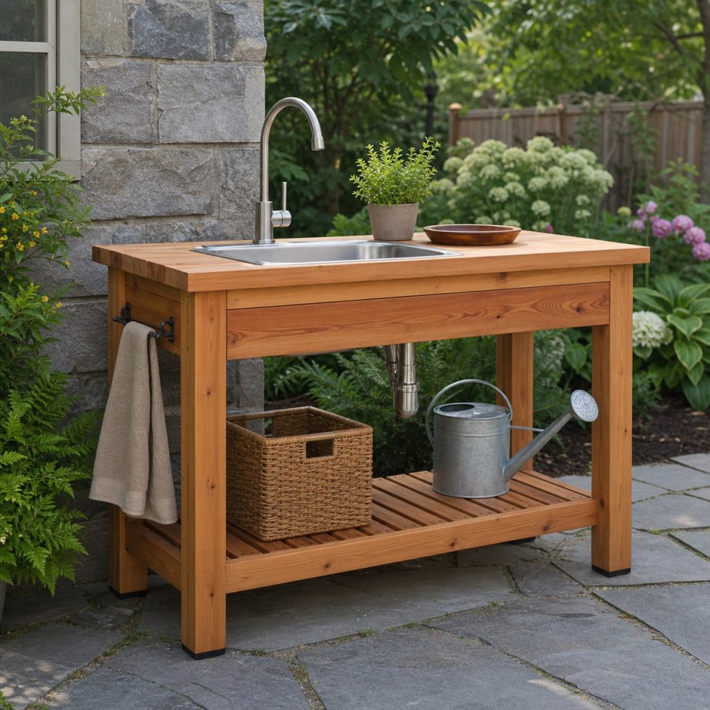 Freestanding cedar outdoor sink station with stainless basin and open shelf