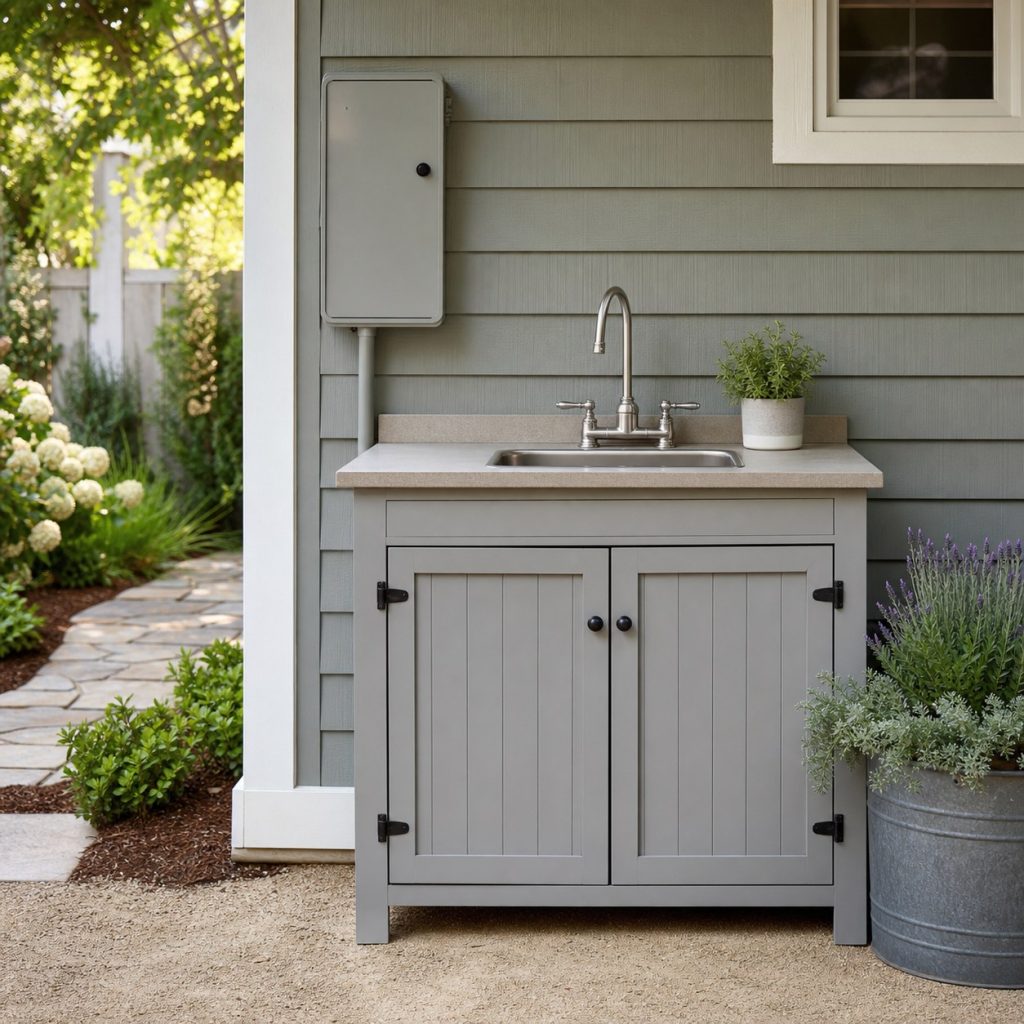 Outdoor utility sink beside a house with independent cabinet and service panel