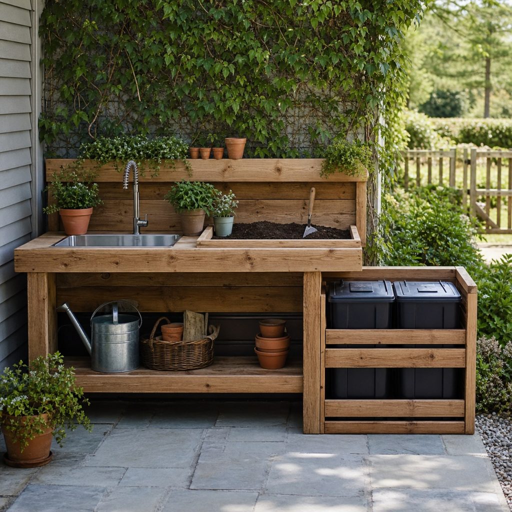 Outdoor potting bench with inset sink, soil worktop, and separate waste bins