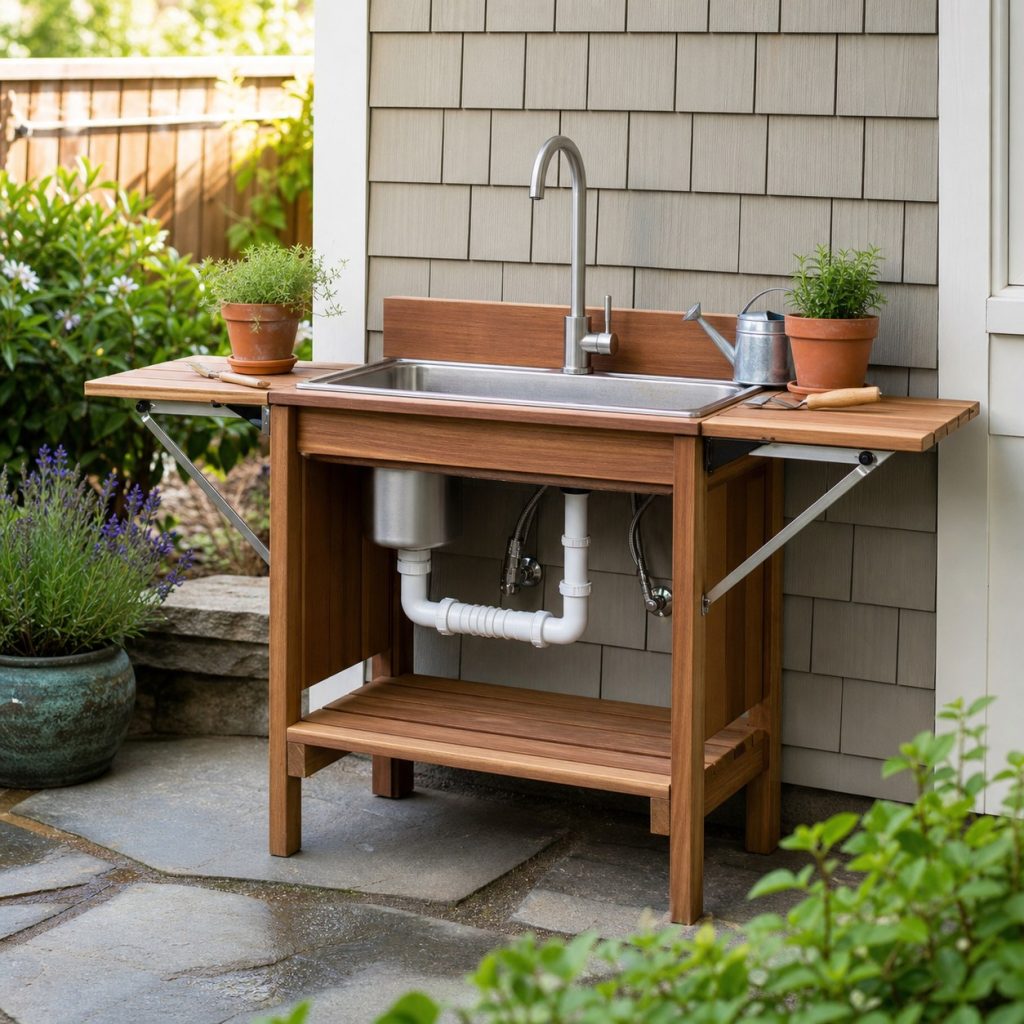 Compact outdoor sink with fold-down side shelves and open plumbing access
