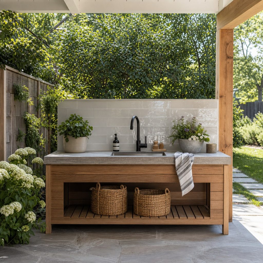 Outdoor sink station under an existing covered patio with washable backsplash