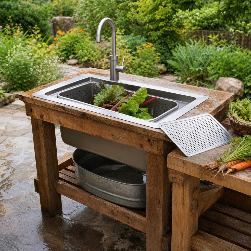 Garden harvest washing sink with perforated basket and removable sediment screen