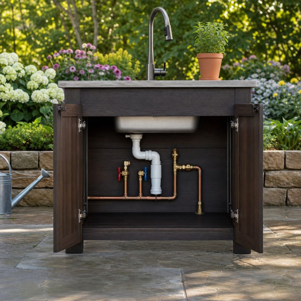 Outdoor sink cabinet open to show accessible shutoff and drain-down plumbing