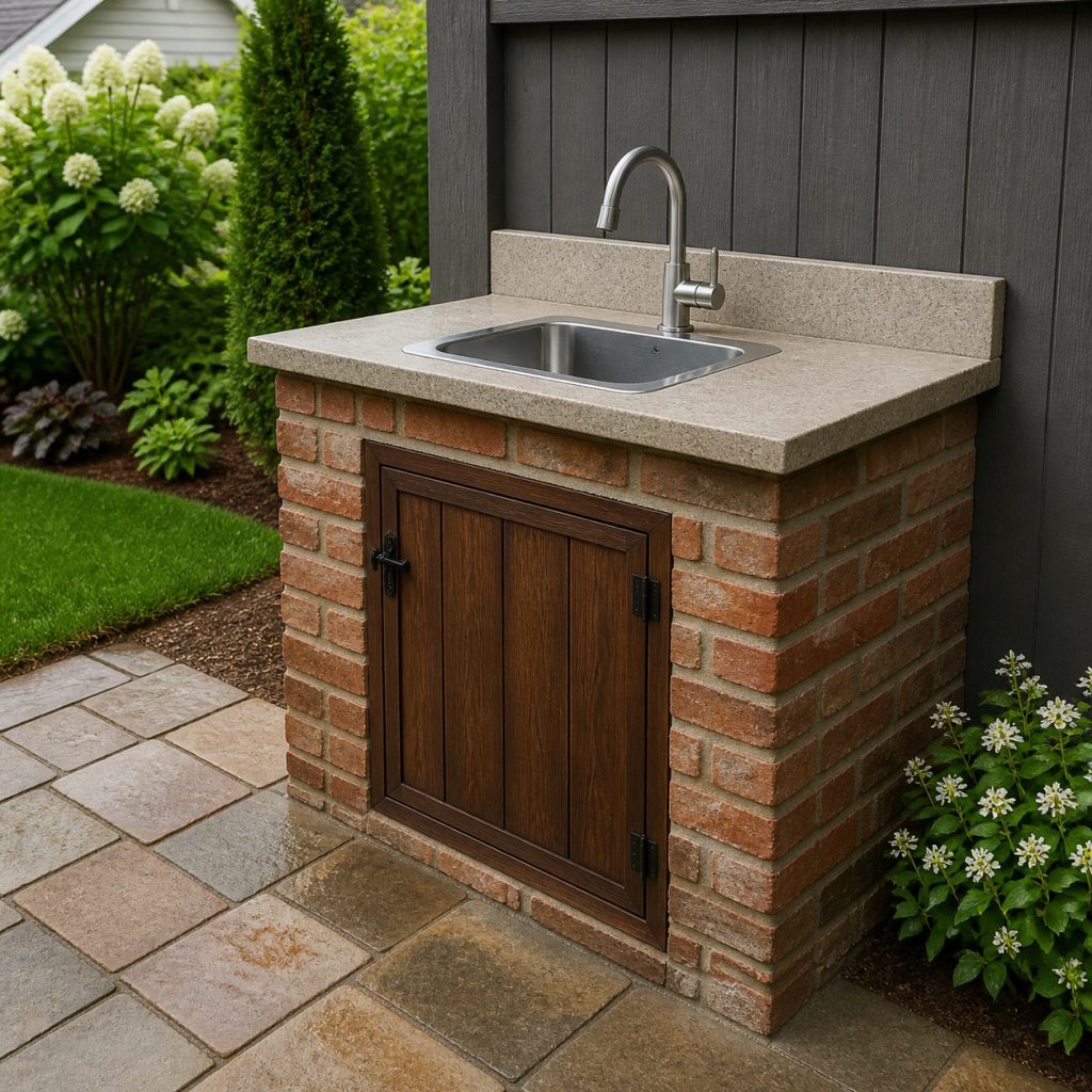 Clean outdoor sink with labeled-free closed plumbing and dry surrounding surface