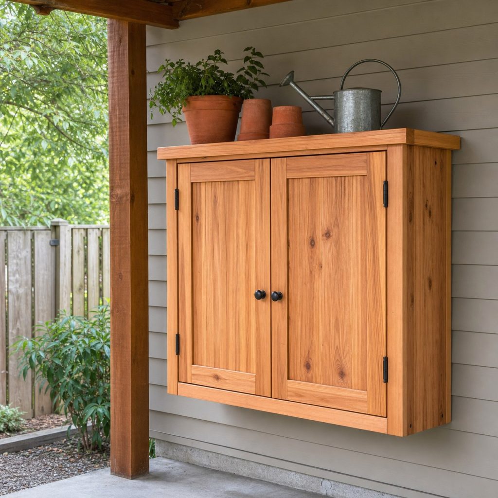 Shallow outdoor garden cabinet mounted beneath covered patio with two doors