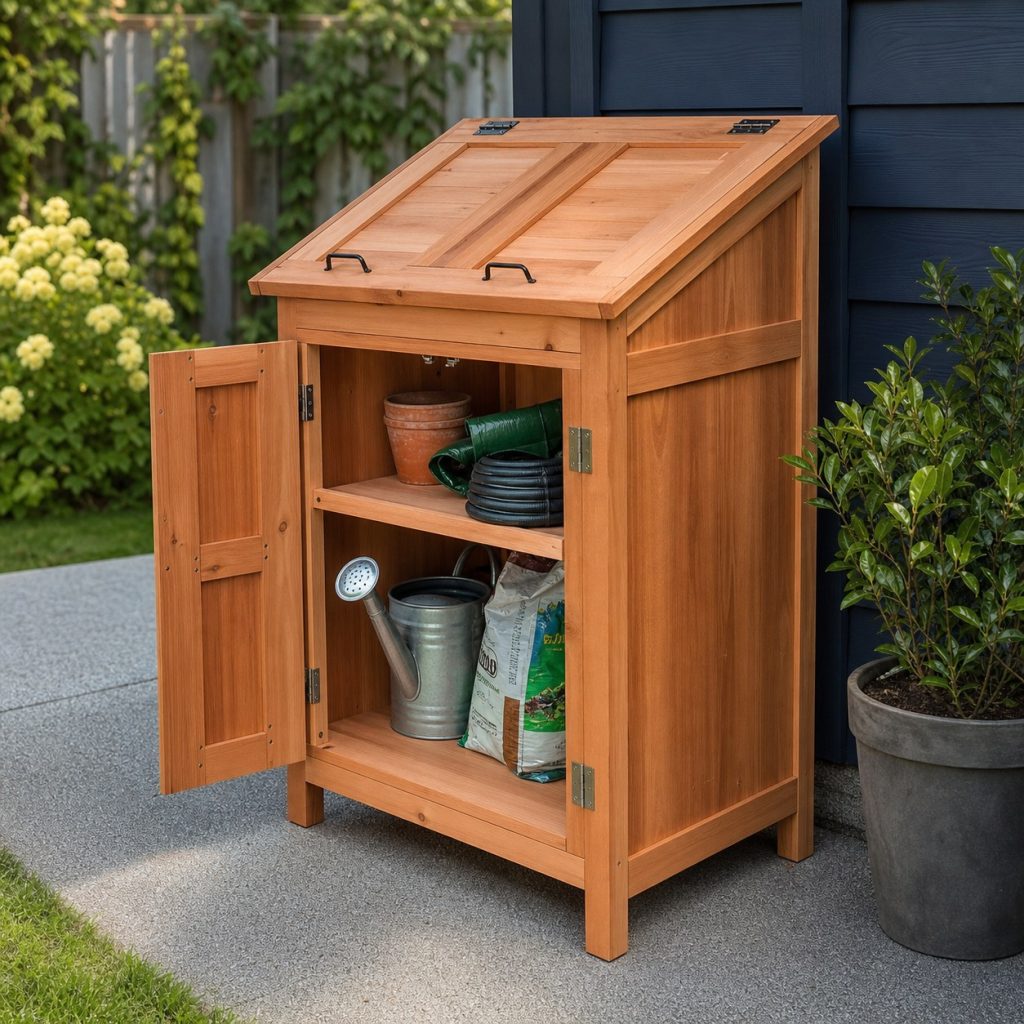 Counter-height cedar garden cabinet with sloped top doors and adjustable shelves
