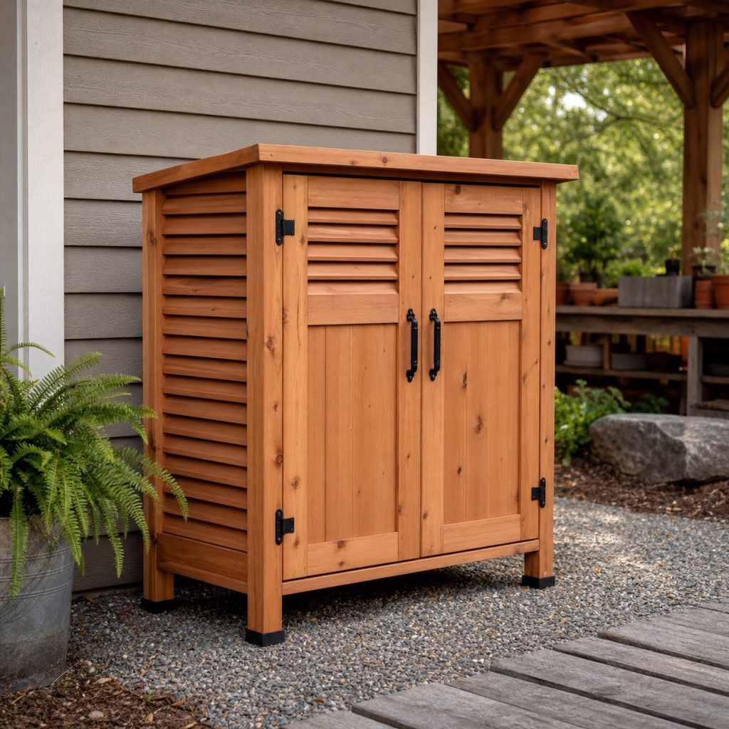 Outdoor storage cabinet with rain-screen slats protected vents and raised feet