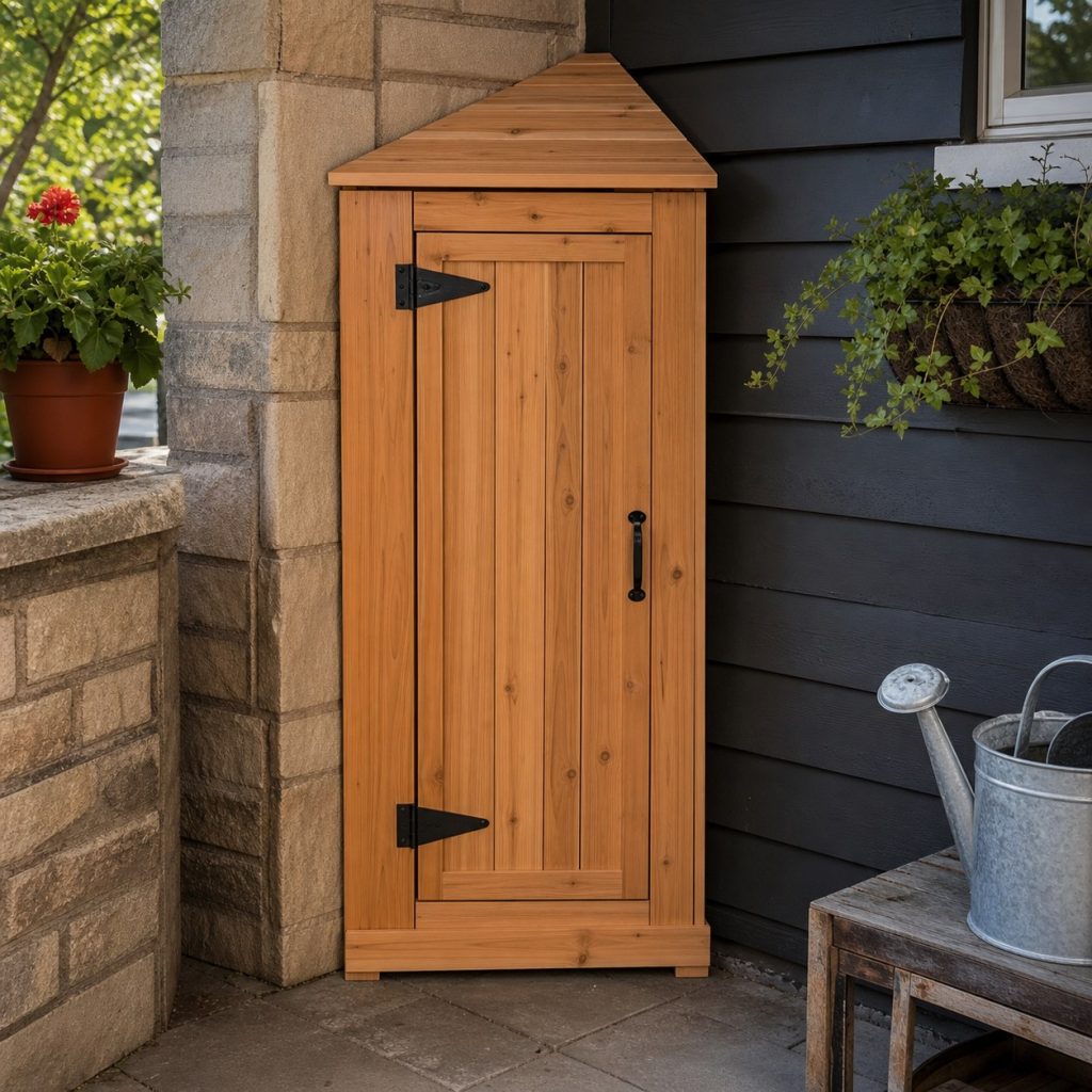 Narrow triangular garden storage cabinet fitted into sheltered patio corner