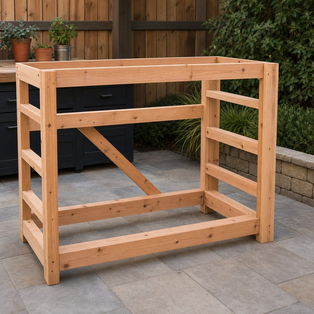 Outdoor cabinet frame under assembly with raised base rails back brace and shelf supports