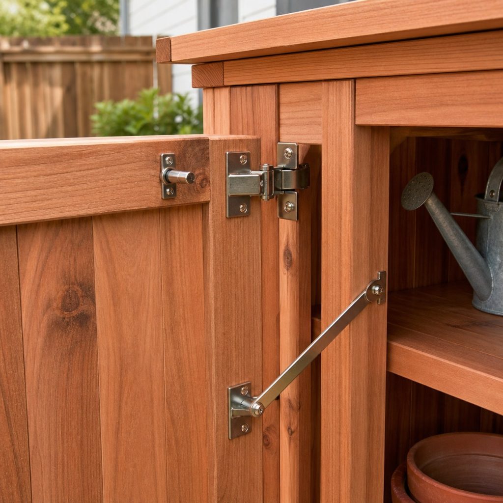 Close view of outdoor cabinet exterior hinges positive latch stop and door stay