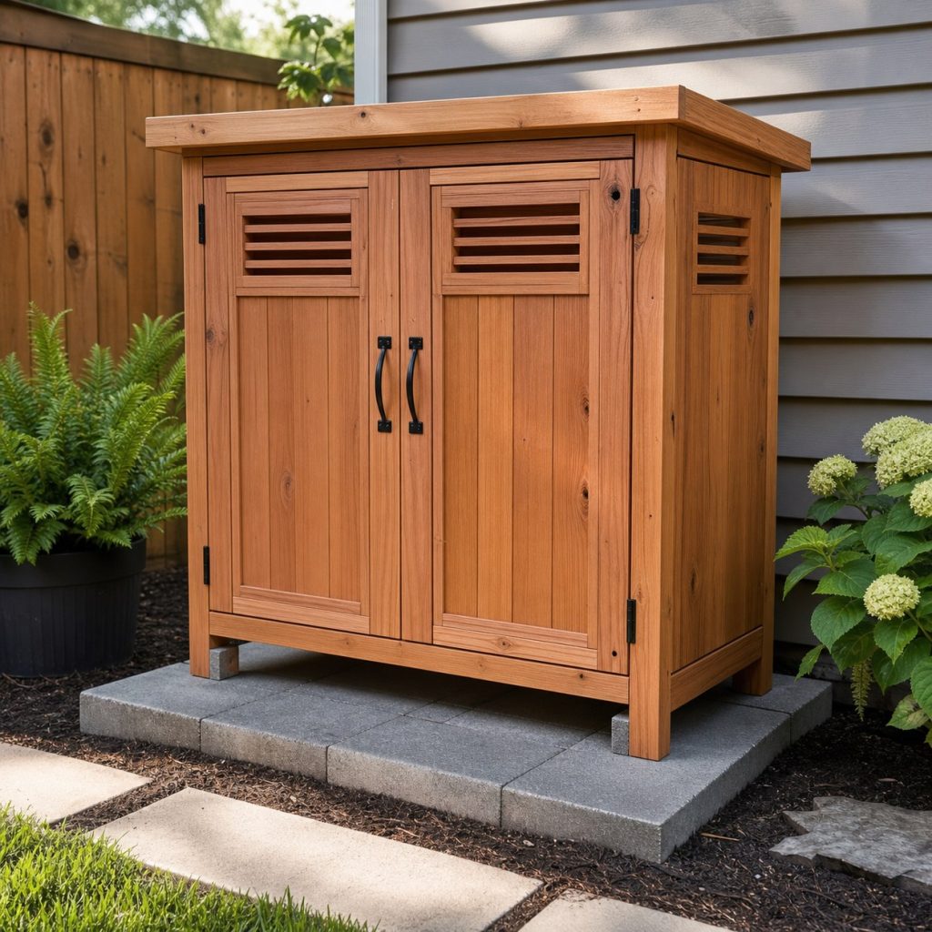 Finished outdoor garden cabinet anchored on raised pavers with clear vents