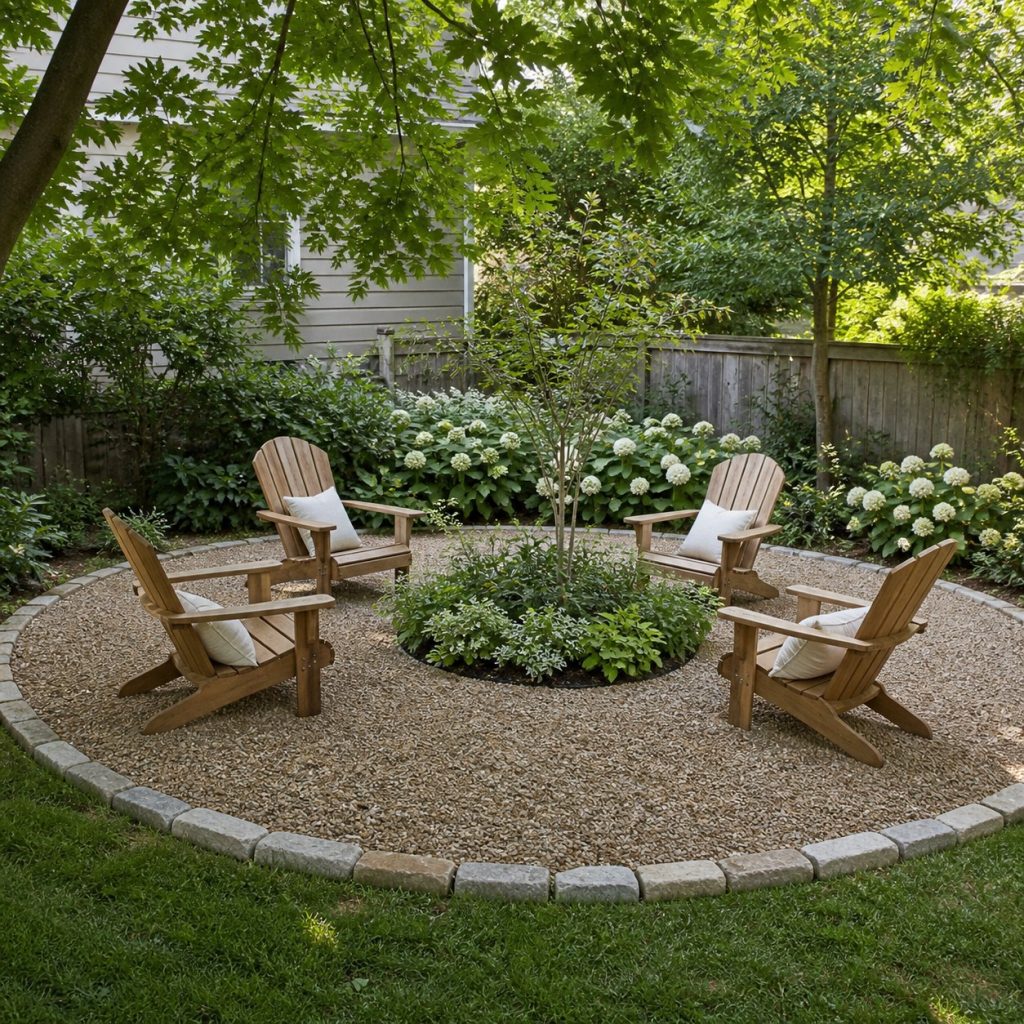 Circular pea gravel garden patio with chairs around a planted centerpiece