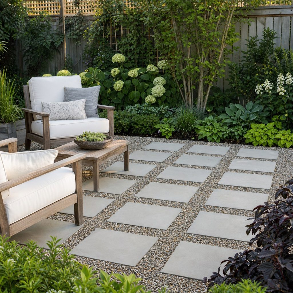 Large square pavers forming a stable grid within a pea gravel patio