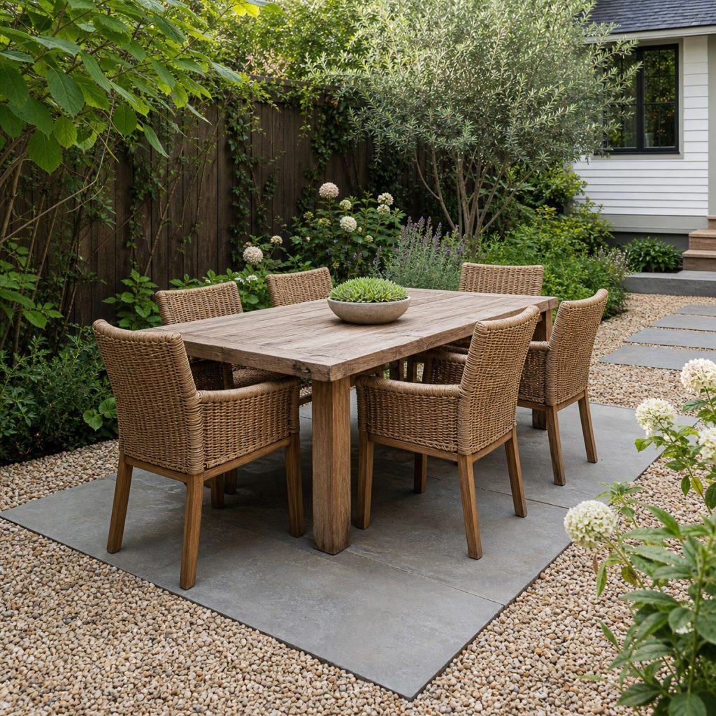 Outdoor dining table on broad stone pads within a pea gravel patio