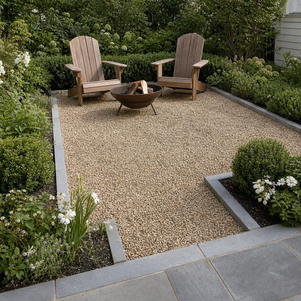Pea gravel patio framed by low planting beds and flush stone edging
