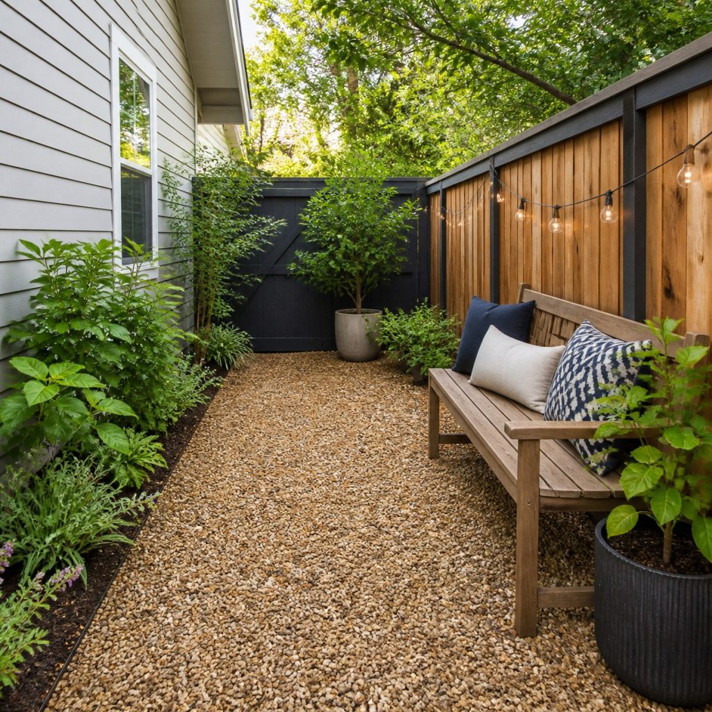 Compact pea gravel patio in a narrow side yard with bench seating