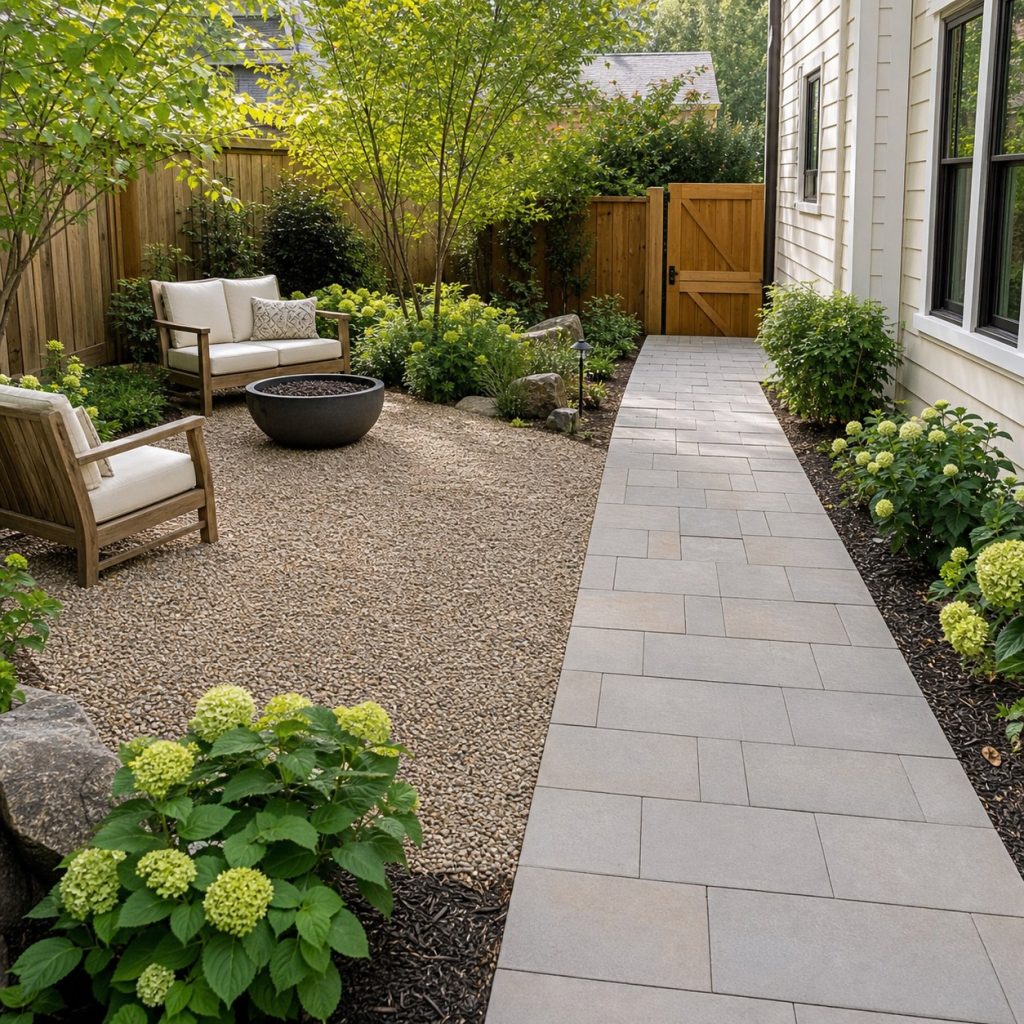 Firm paver walkway running alongside a pea gravel seating patio