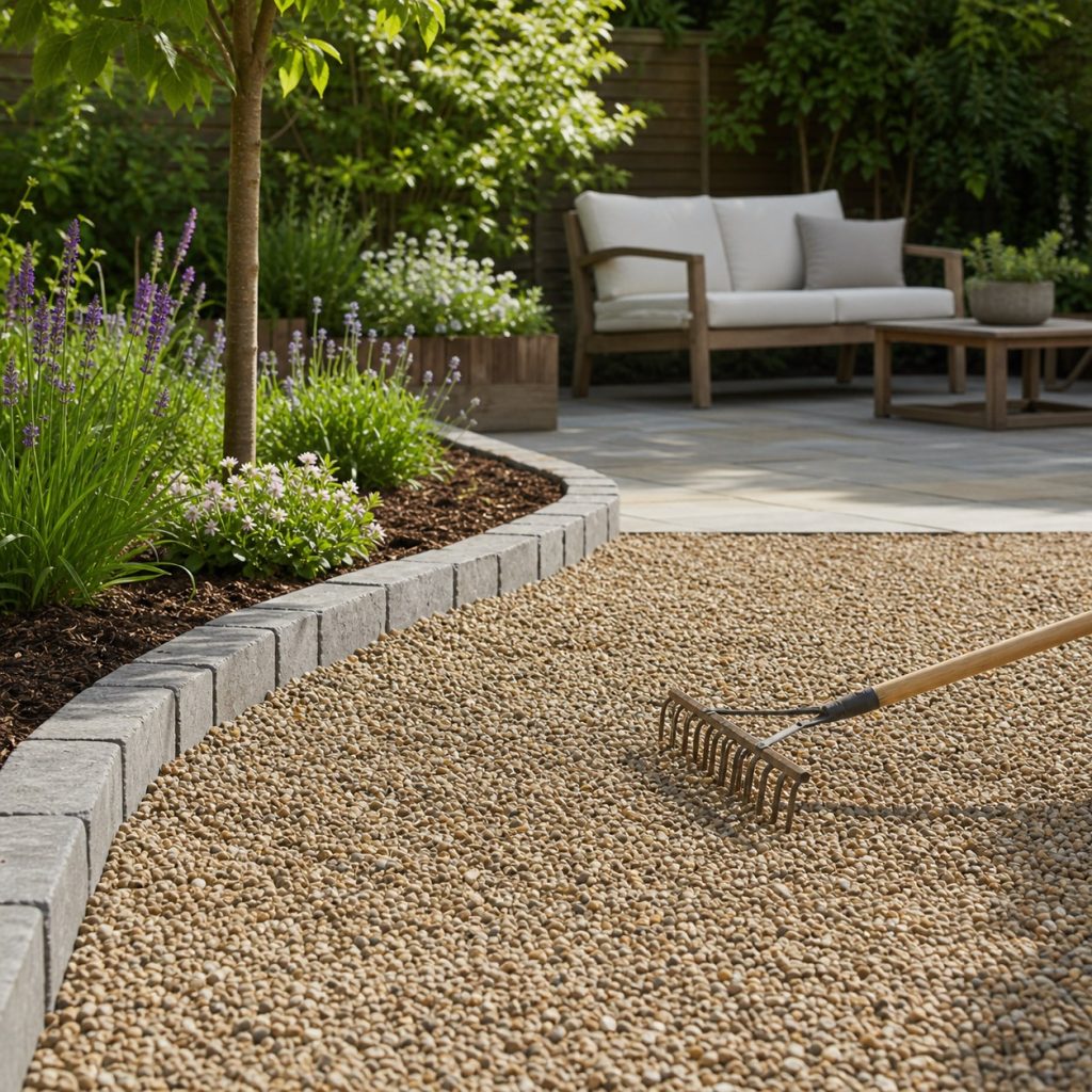 Pea gravel patio being raked level beside secure low edging