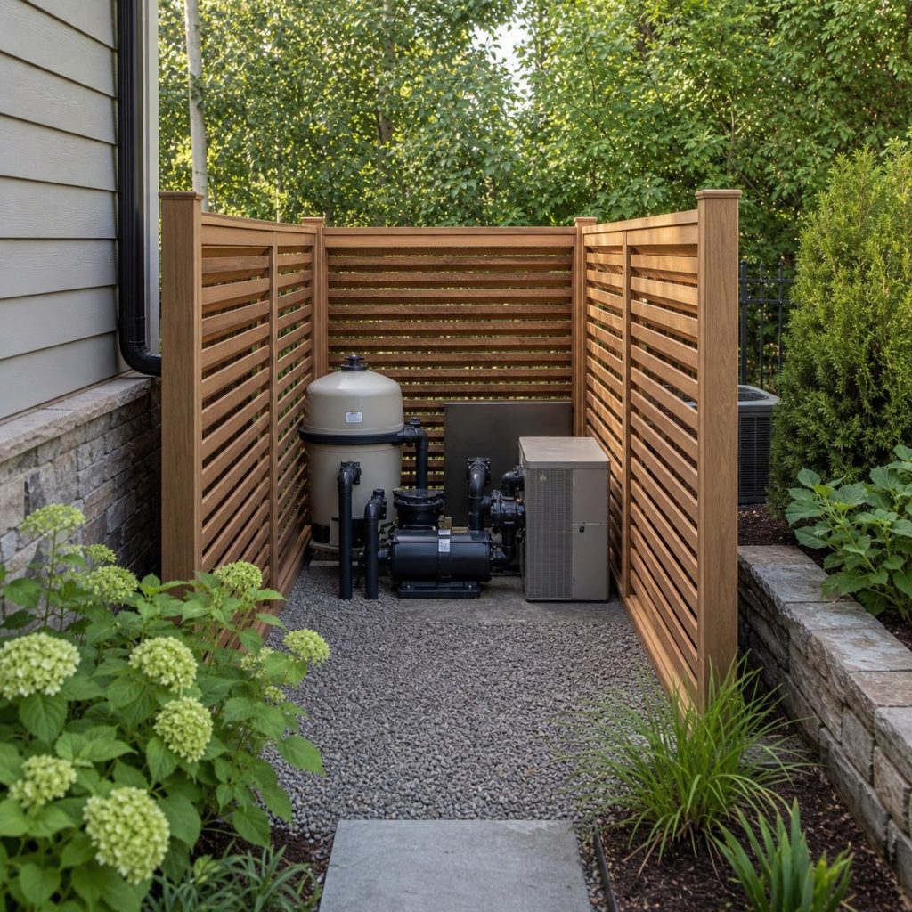 Three-sided louvered pool pump enclosure with open top and service aisle