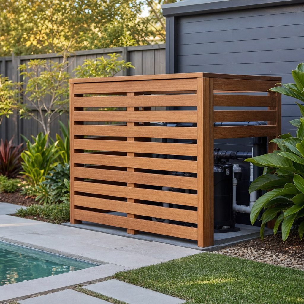 Offset wooden sound screen near pool pump with large ventilation openings