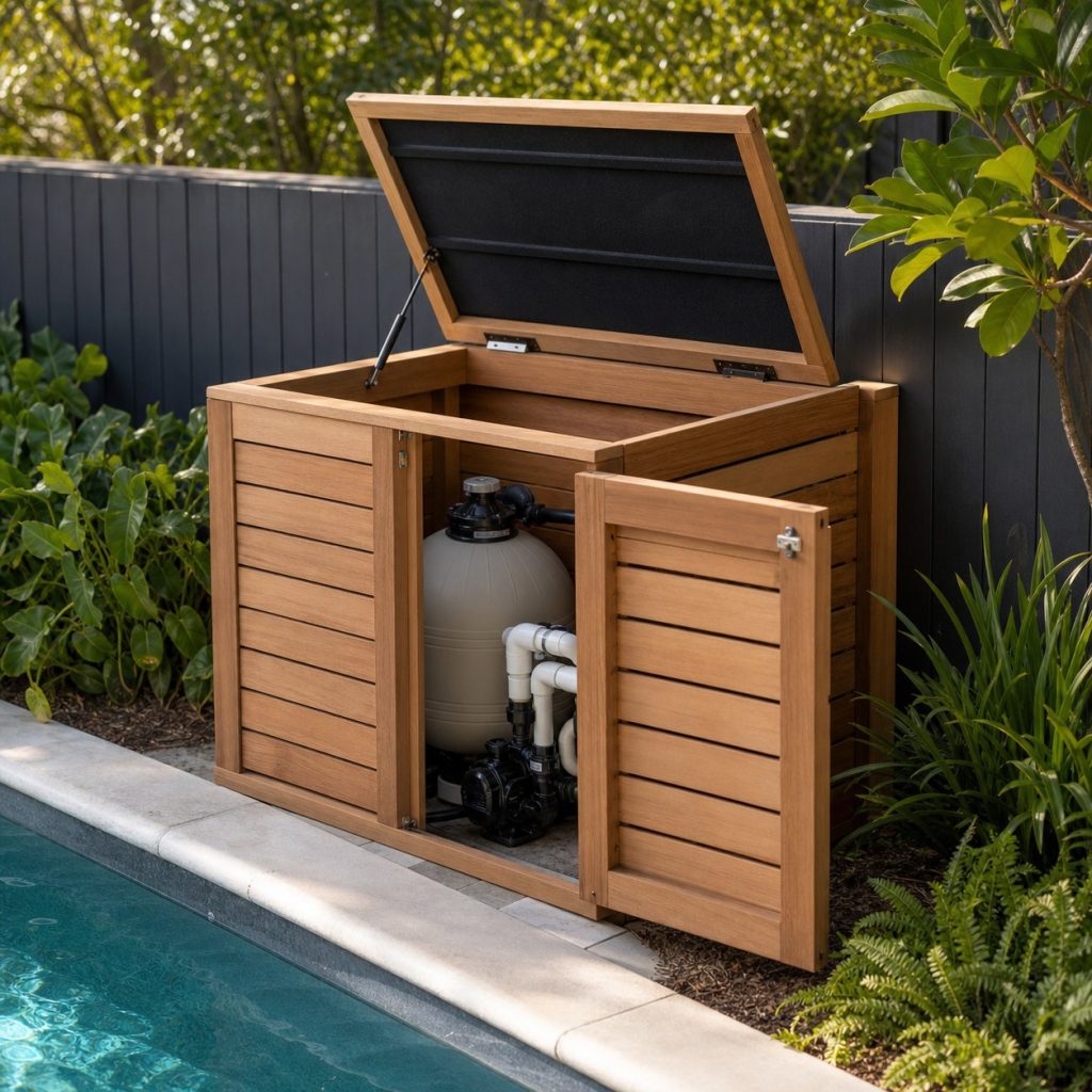 Pool filter enclosure with clear vertical space for removing the filter lid