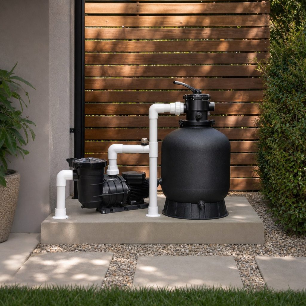 Pool pump and filter on a clean raised pad with drainage around enclosure