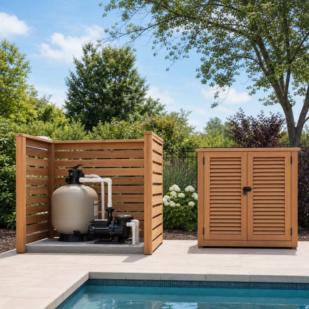 Pool pump enclosure with separate detached ventilated chemical cabinet at a distance