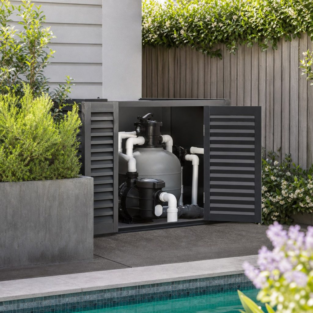 Pool technician measuring service and ventilation clearances around pump equipment