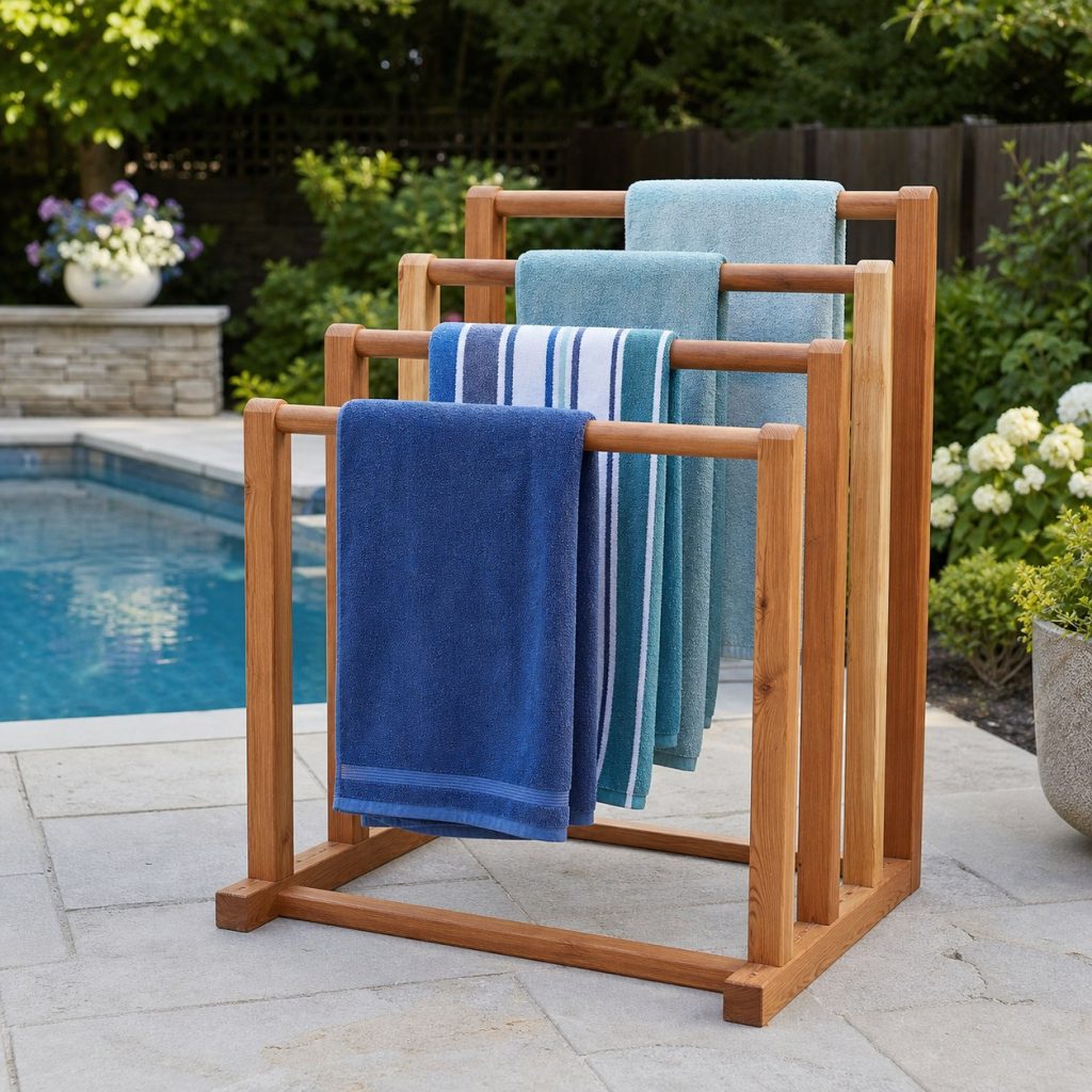 Wide freestanding cedar pool towel rack with four separated bars