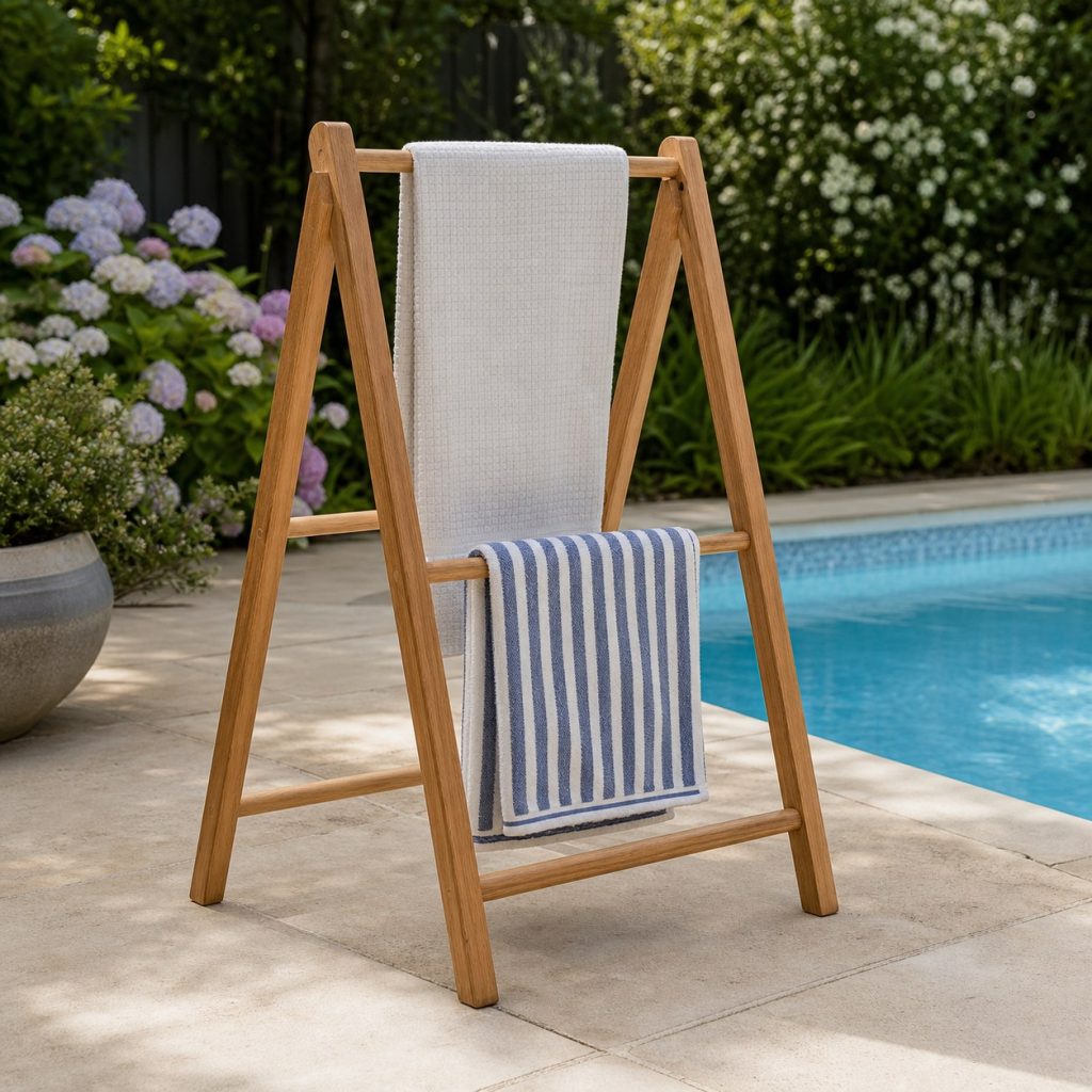 Compact A-frame outdoor towel rack beside a pool patio