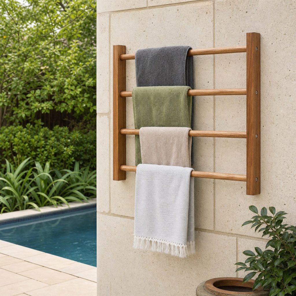 Four-bar wooden towel rail securely mounted to masonry away from pool edge